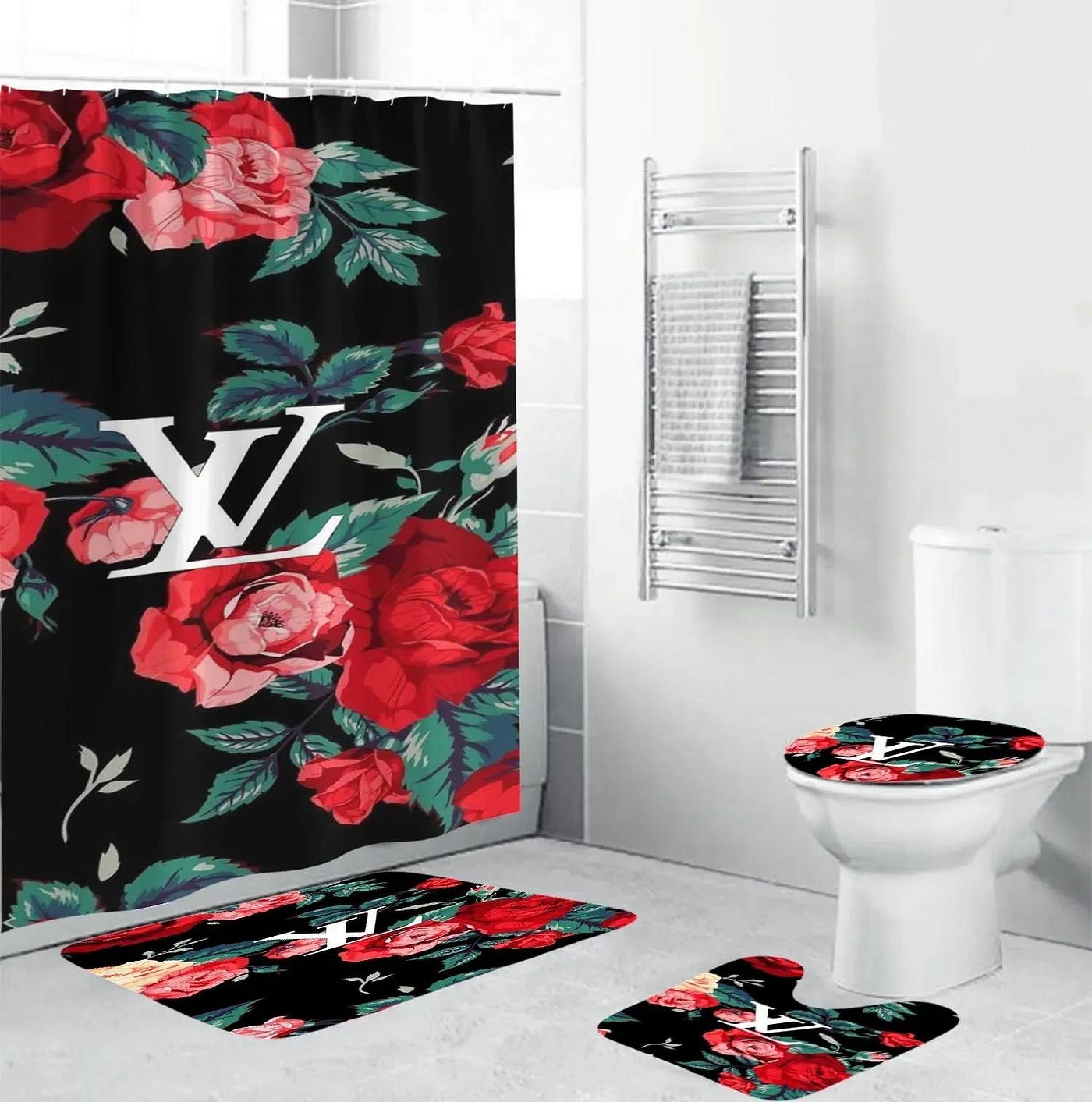 Louis Vuitton LV Bathroom Set Luxury Shower Curtain Bath Rug Mat