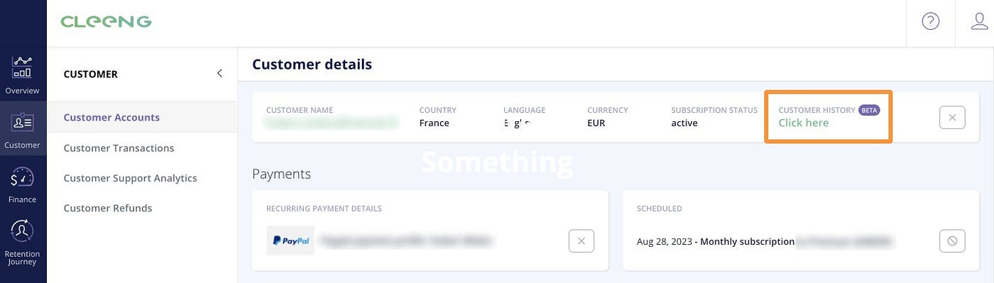 The placement of Cleeng’s Customer History dashboard button before the UI update.