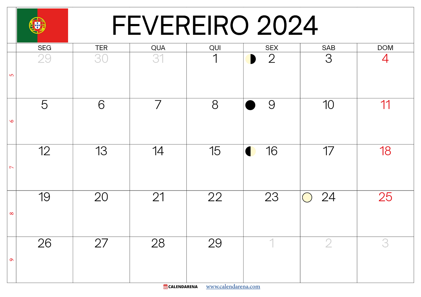Calendário Fevereiro 2024 Portugal, by Calendarena