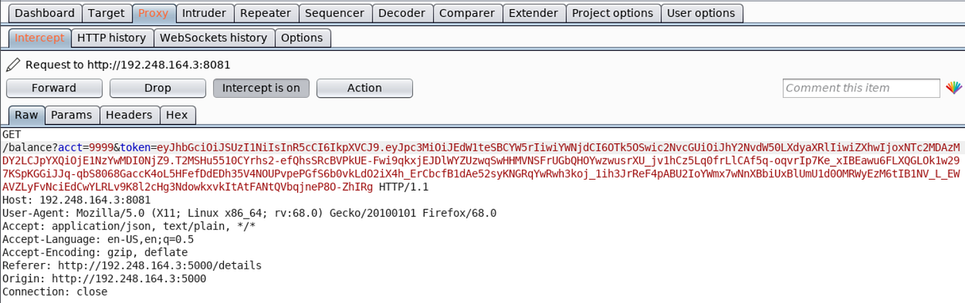 Request to check the balance. Notice the JWT token passed in the above request