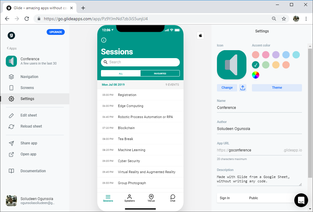 Building a Conference App with Glide and Google Sheets | by Soliudeen  Ogunsola | Visual Developer Space | Medium