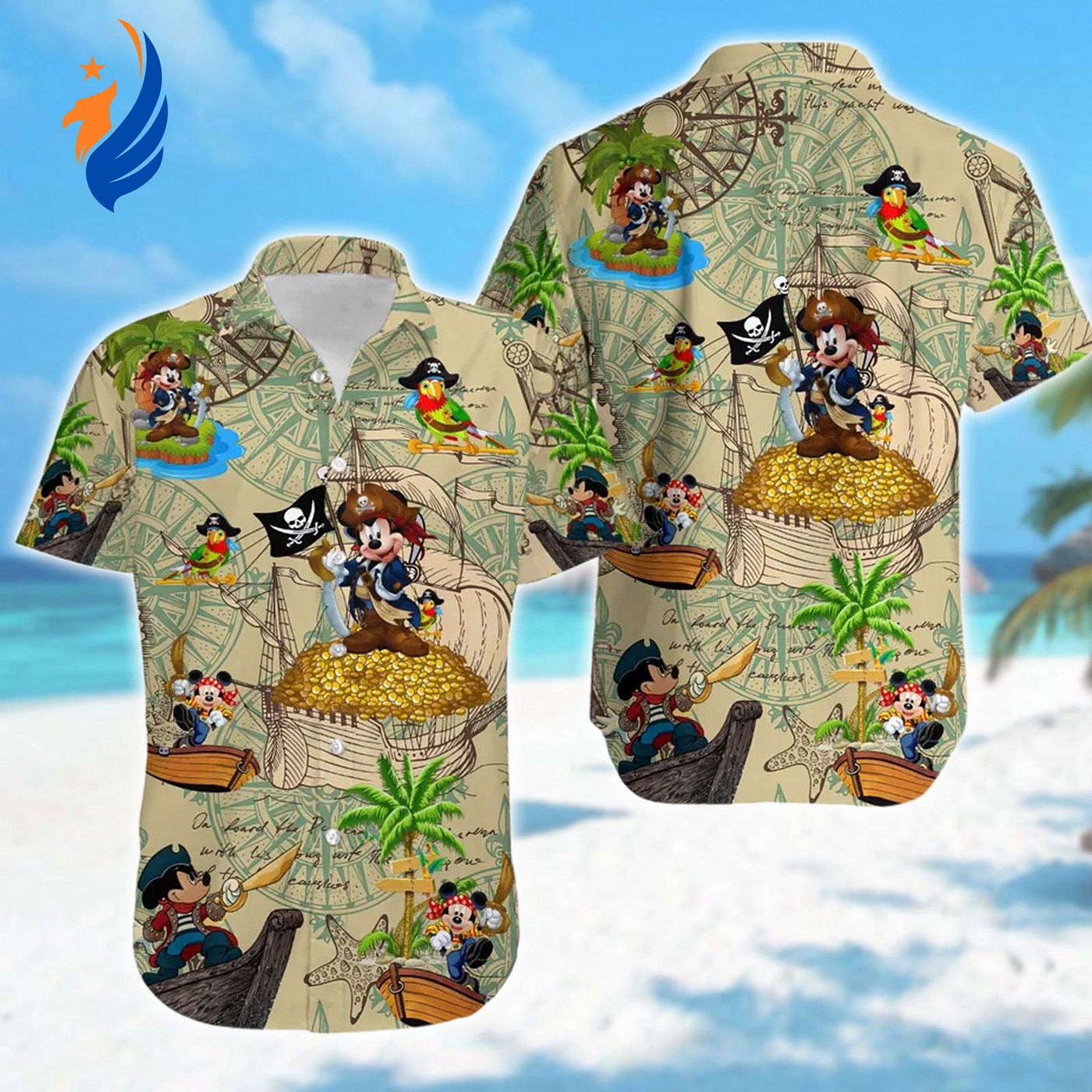 Disney Mickey Mouse Hawaiian Shirt — Summer Vacation Aloha Button Up with Pirates of the Caribbean…