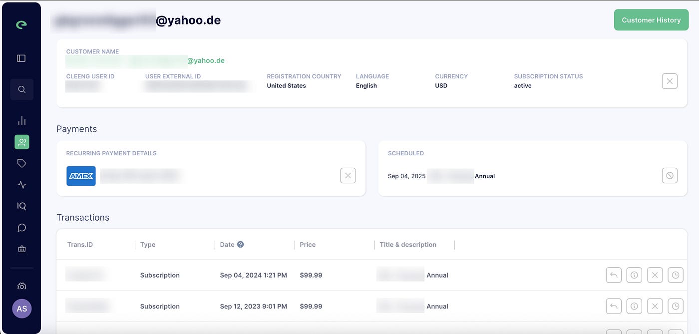 Cleeng’s Customer History dashboard button redesign.