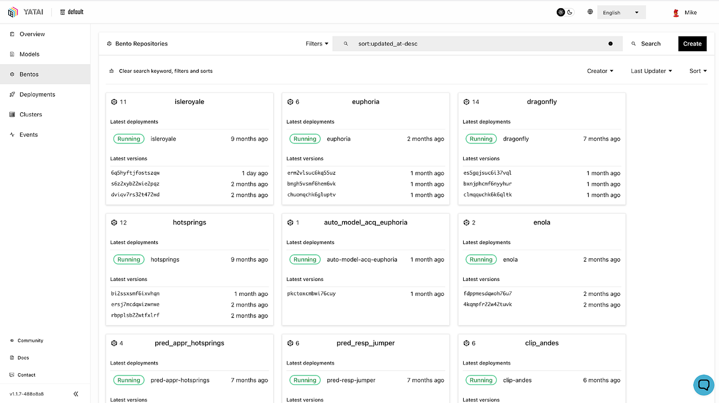 Fig. 4 Screenshot of the Yatai UI, showing a number of published and deployed bentos.