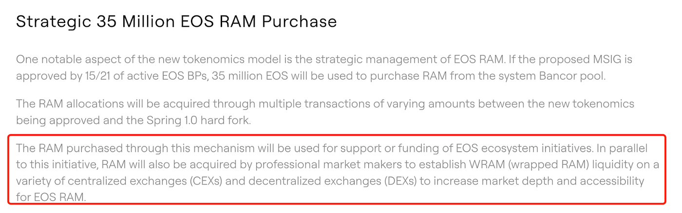 根据官方公布的代币经济学，增发的 3.5 亿 EOS 原本应被用于提升 RAM 市场流动性并支持相关应用开发。然而，💔现实情况却令人失望。目前 RAM 市场的流动性几乎完全集中在主网 Bancor 合约中，所有交易几乎都在这一唯一渠道内完成，官方并未在其他二级市场提供任何补充性流动性手段。更重要的是，所谓“用于应用开发”的承诺，💔至今没有看到任何实质性支持或落地成果）