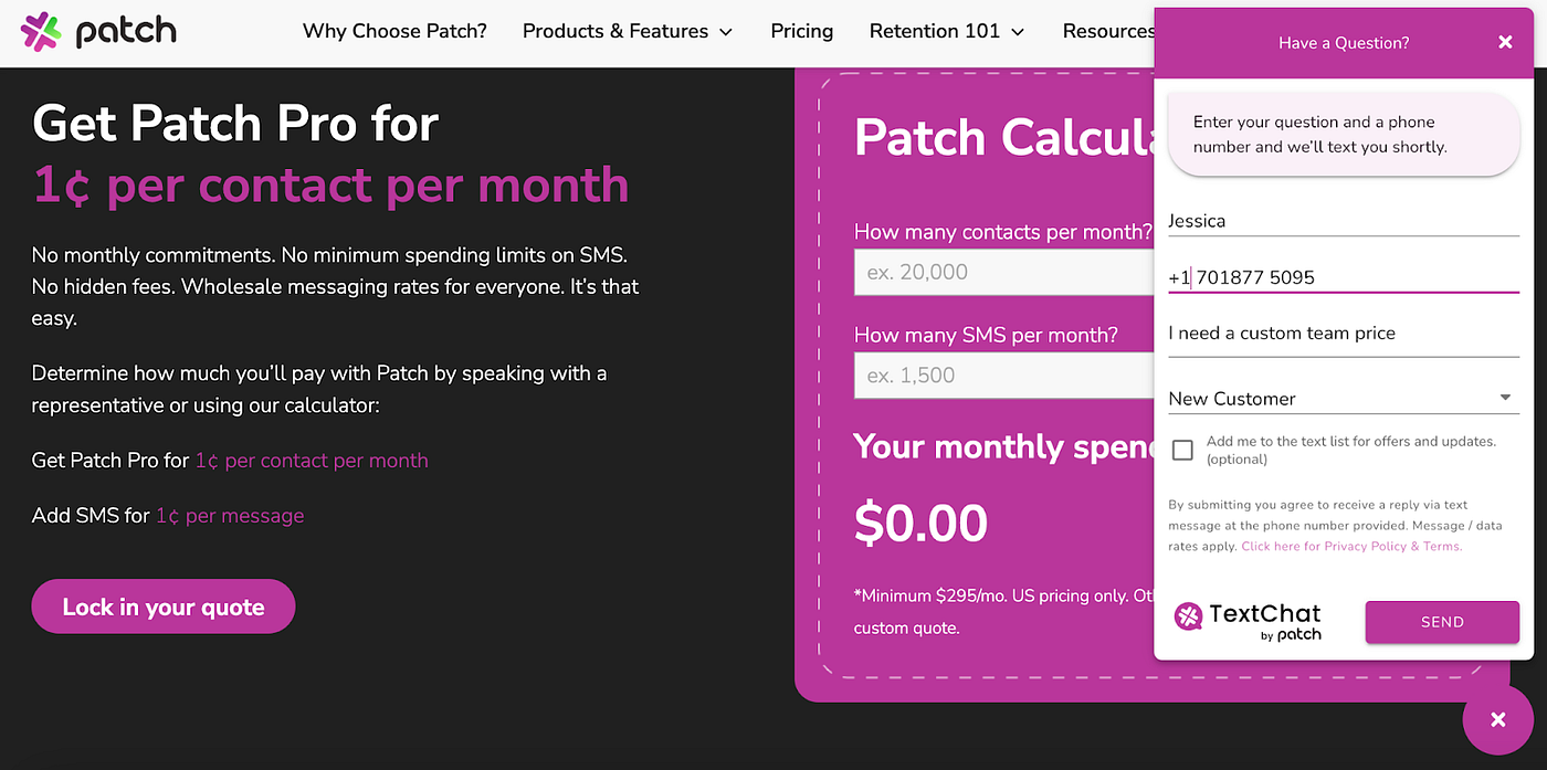Patch Retention optimized pricing page that features a chat window