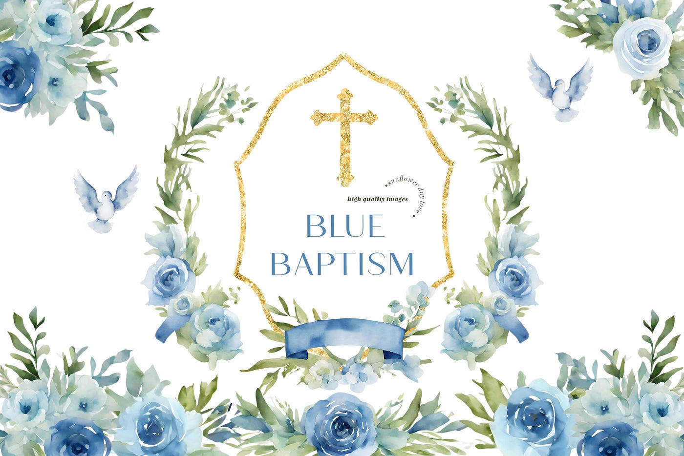Blue Flowers Cross Baptism Clipart (Printable Illustrations)