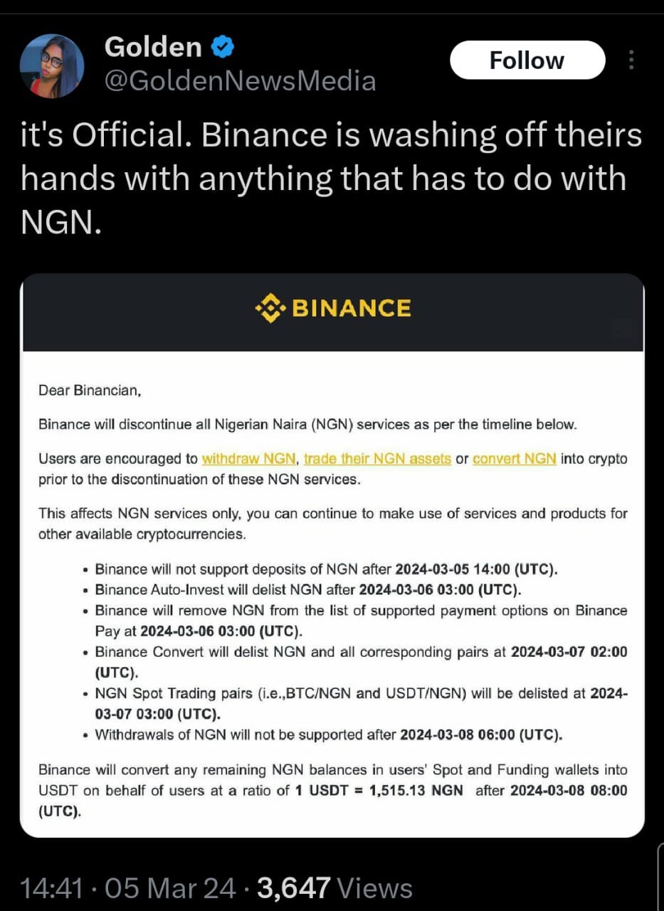 Binance Ends Naira Trading For Nigerian Crypto Traders | Medium