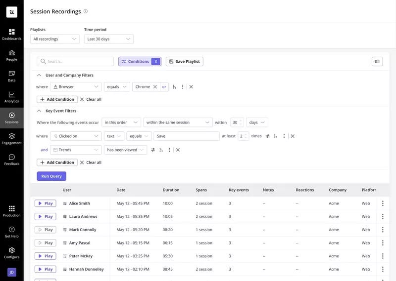 Filtering options in Userpilot’s session recordings.