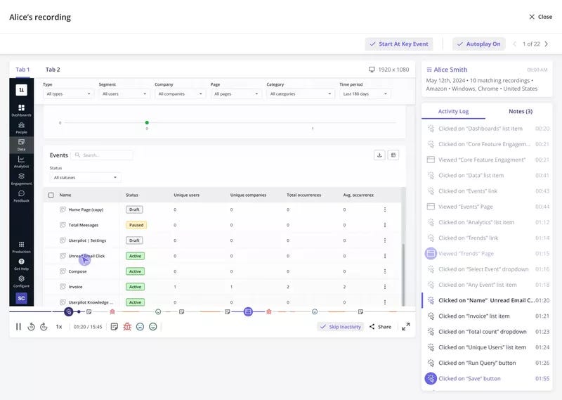 Userpilot allows you to focus on specific events during the user session.