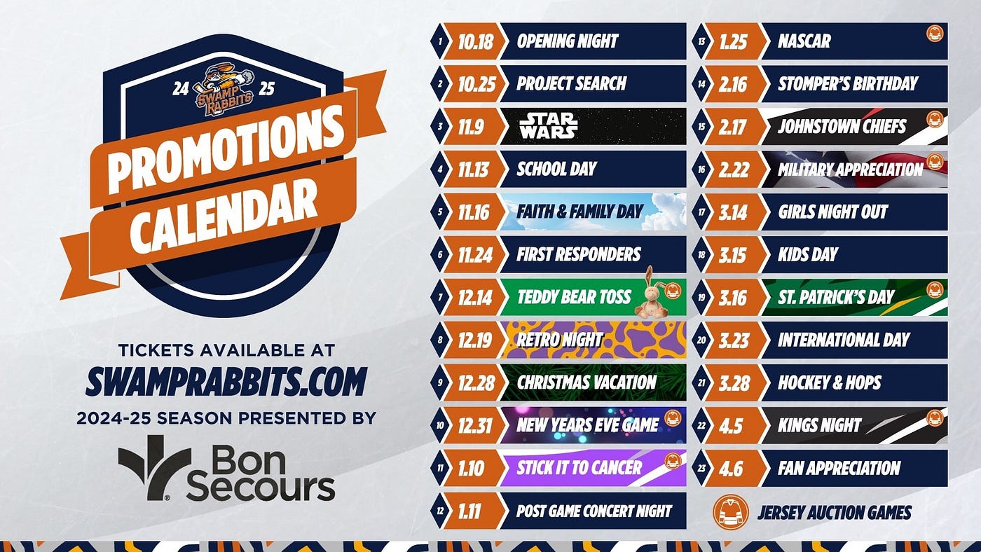 SWAMP RABBITS 2024–25 PROMO SCHEDULE