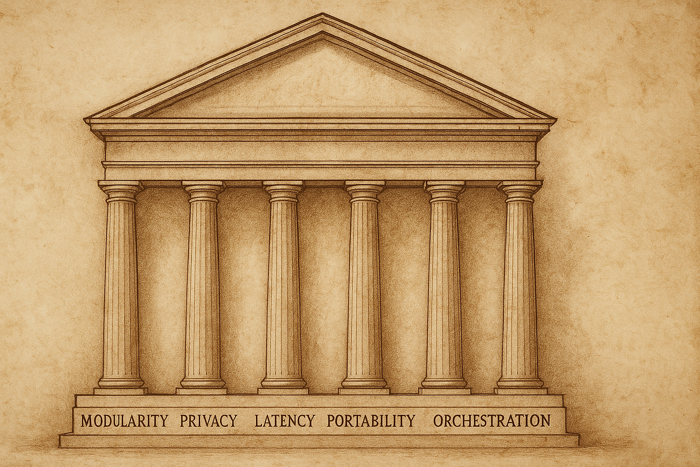 A sepia-toned architectural drawing of a classical temple, each column representing a foundational principle for modern AI-native architectures built on WebNN.