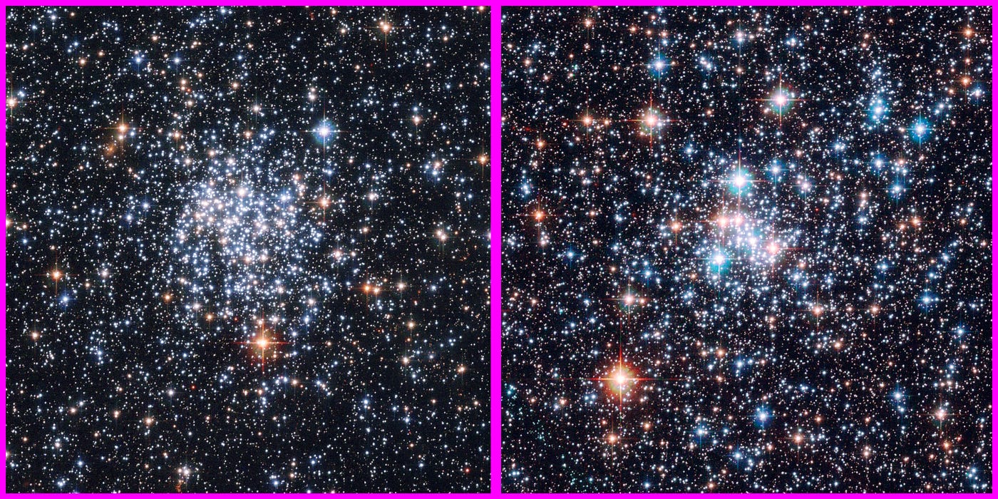 While globular clusters are always round and typically consist of very old stars, open star clusters are newly formed and have a variety of concentrations and shapes. Two open star clusters are shown here: one older and more spherical (at left), NGC 265, and one younger and more irregular (at right), NGC 290. Like NGC 411, both of these open clusters are present in the Small Magellanic Cloud. (Credit: ESA and NASA; Acknowledgment: E. Olszewski (University of Arizona))