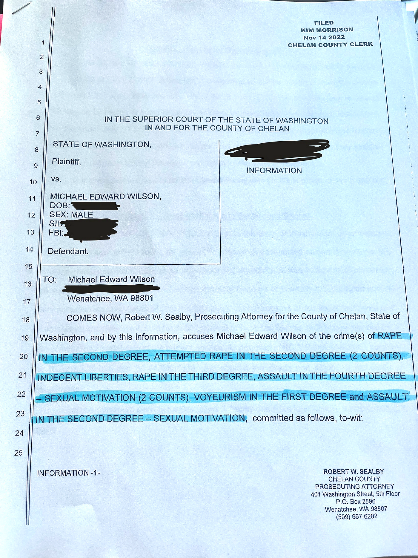 The first page of the charging document outlining the crimes Wilson for which being prosecuted.