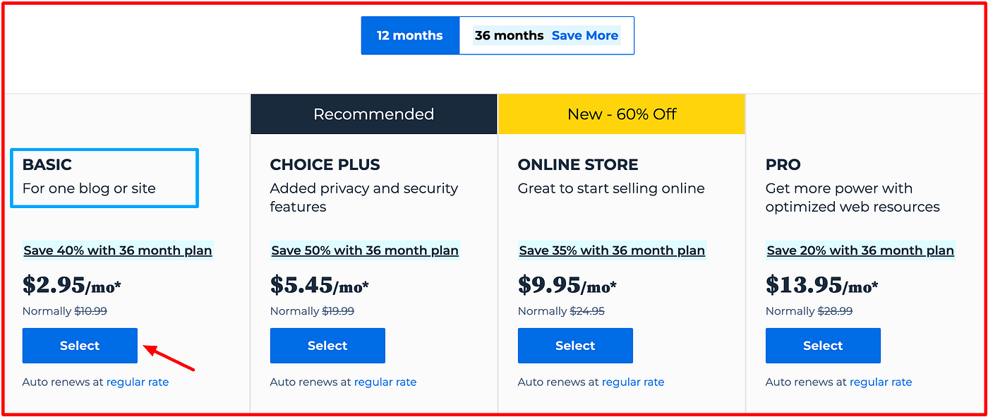 Pick a hosting plan from Bluehost.