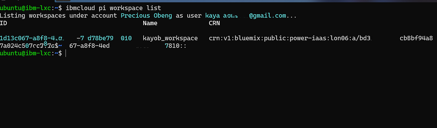 pi workspace list — kayob_workspace active in London 06 (lon06)