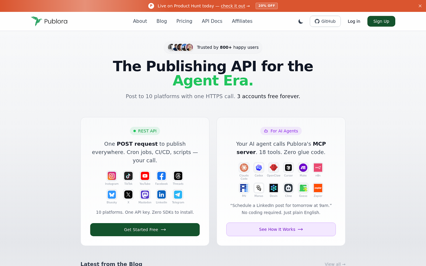 Screenshot of Publora’s official tool page, captured from publora.com.