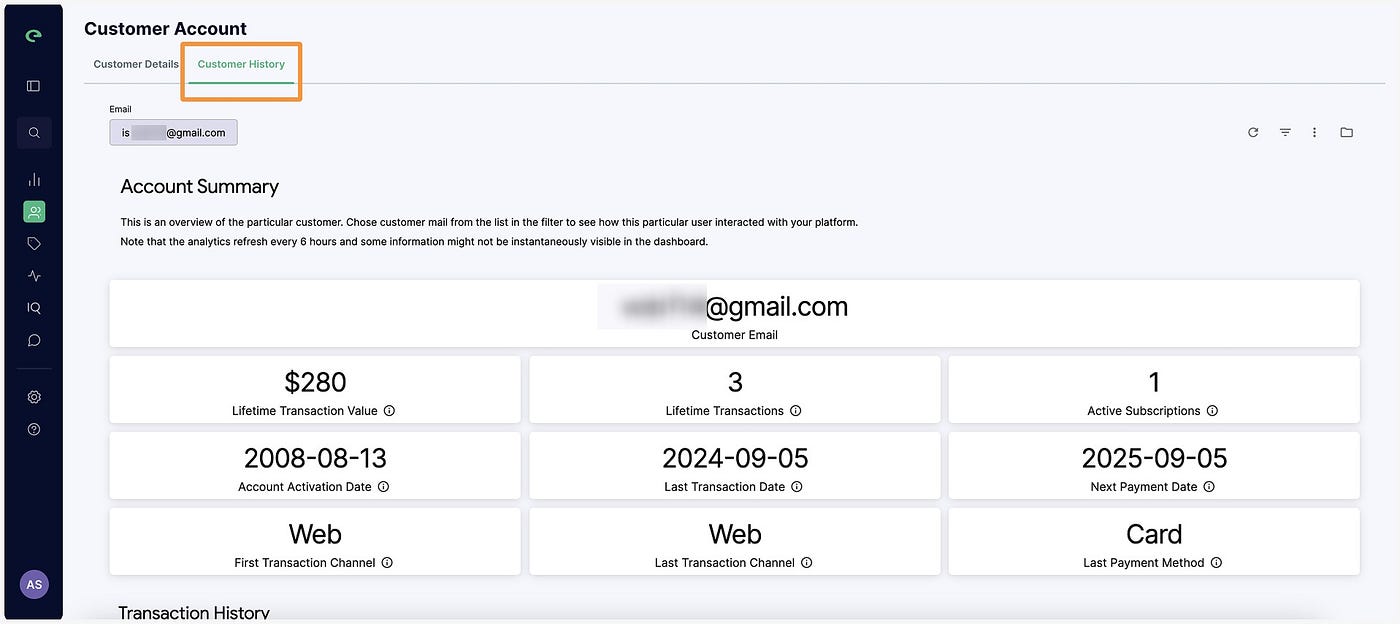 New placement of Cleeng’s Customer History dashboard button.