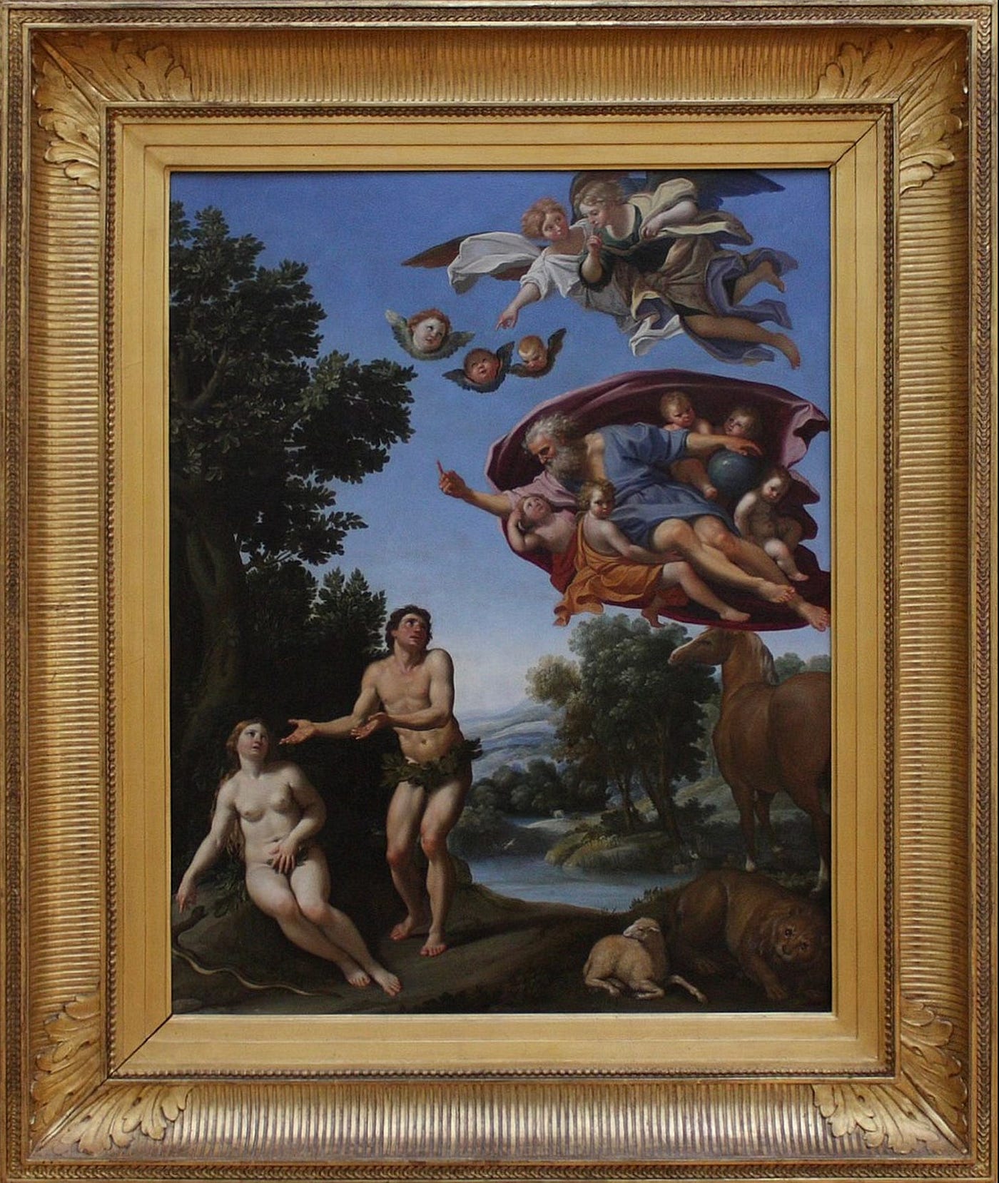 God and angels are in the blue sky above Adam and Eve on Earth. Adam, standing, points at Eve, who is sitting on the ground.