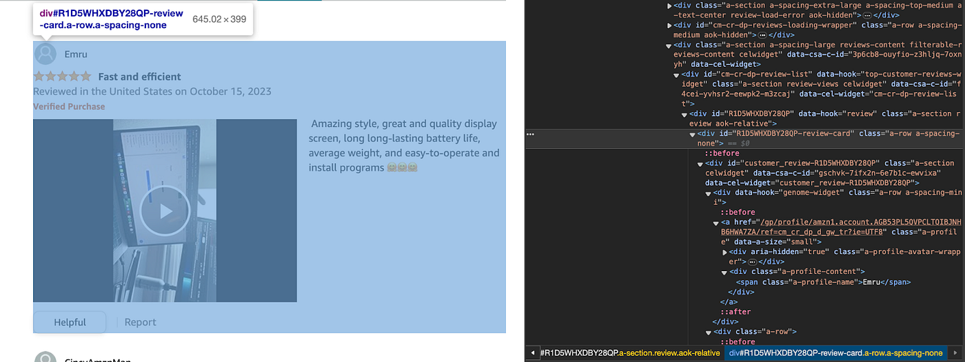 Screenshot of inspecting a customer review on Amazon with the intention to scrape the data.
