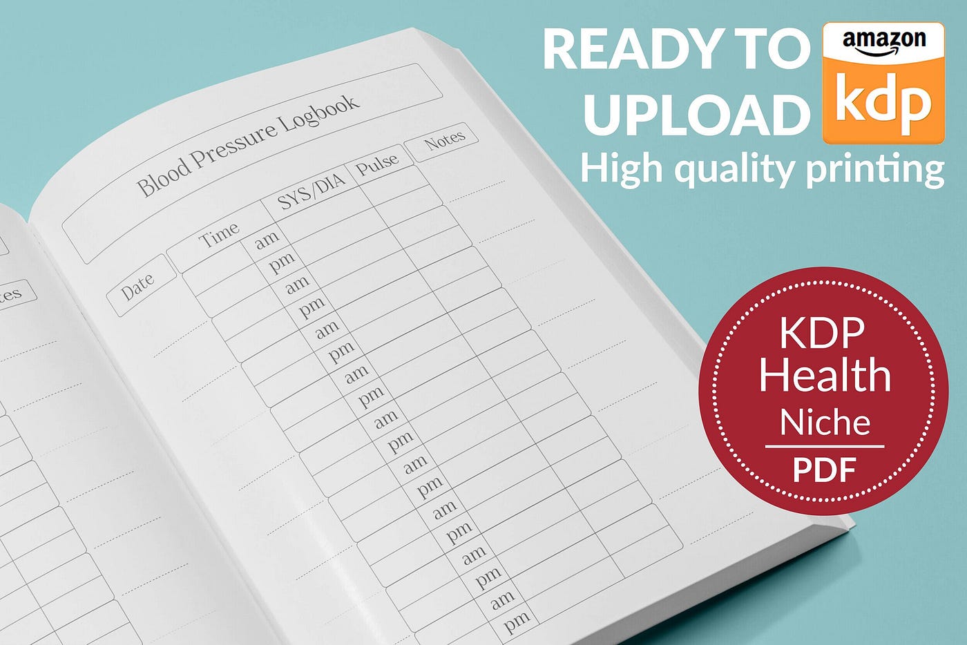 Blood Pressure Log Book 120 pages Ready to Upload PDF Commercial use Low Content Planner tracker or…