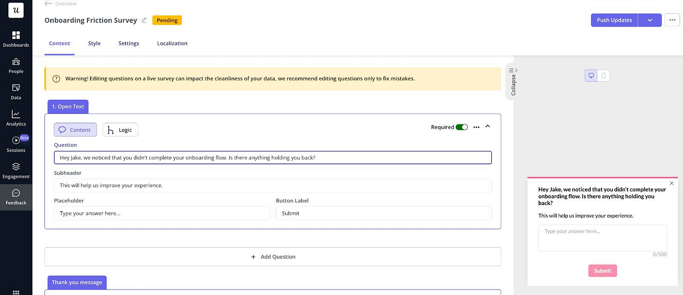 Survey features in Userpilot.