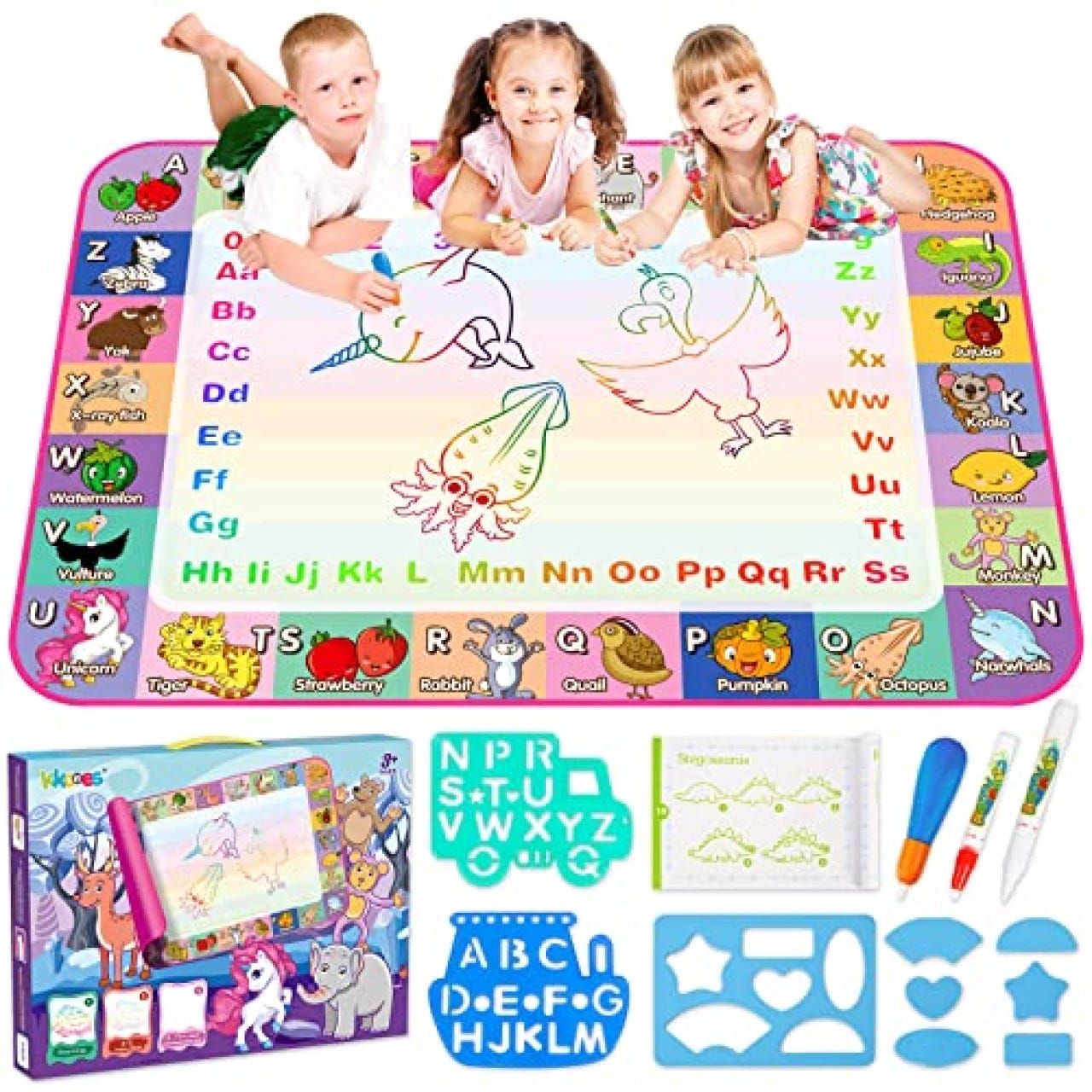 Aqua Coloring Mat,Kids Toys Large Water Painting Mat,Toddlers Doodle Pad  with 4 Colors,Gifts for Girls Boys Age 3 4 5+ Years Old,4 Pens,Drawing  Molds and Booklet Included