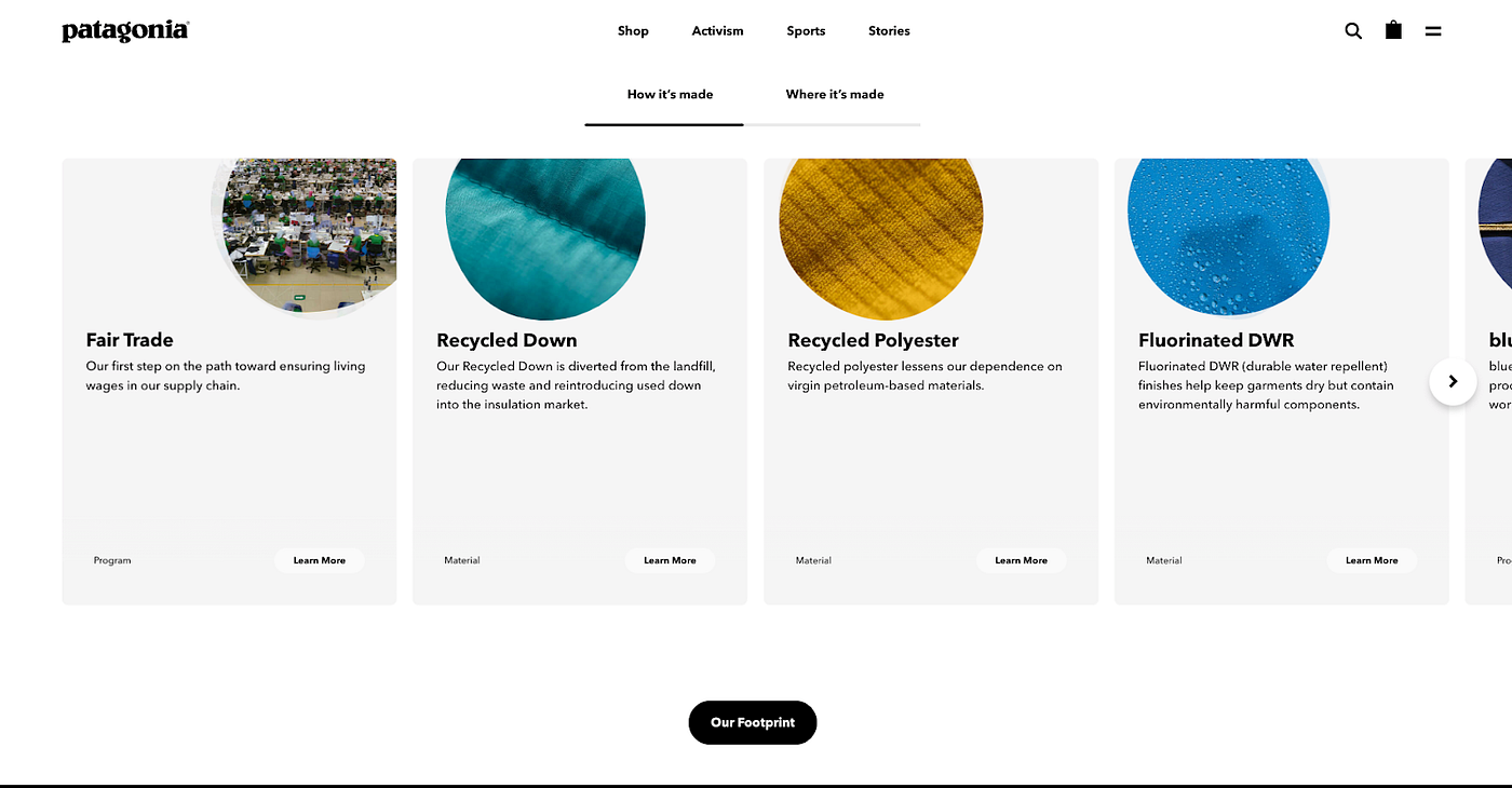 Patagonia landing page showing their transparent manufacturing process