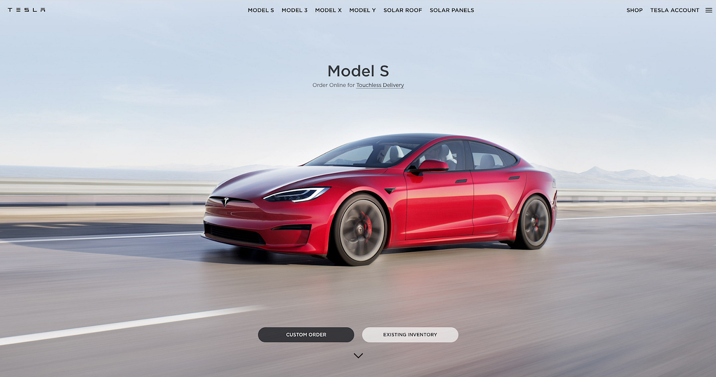Tesla car web landing page with the pic of the Tesla car