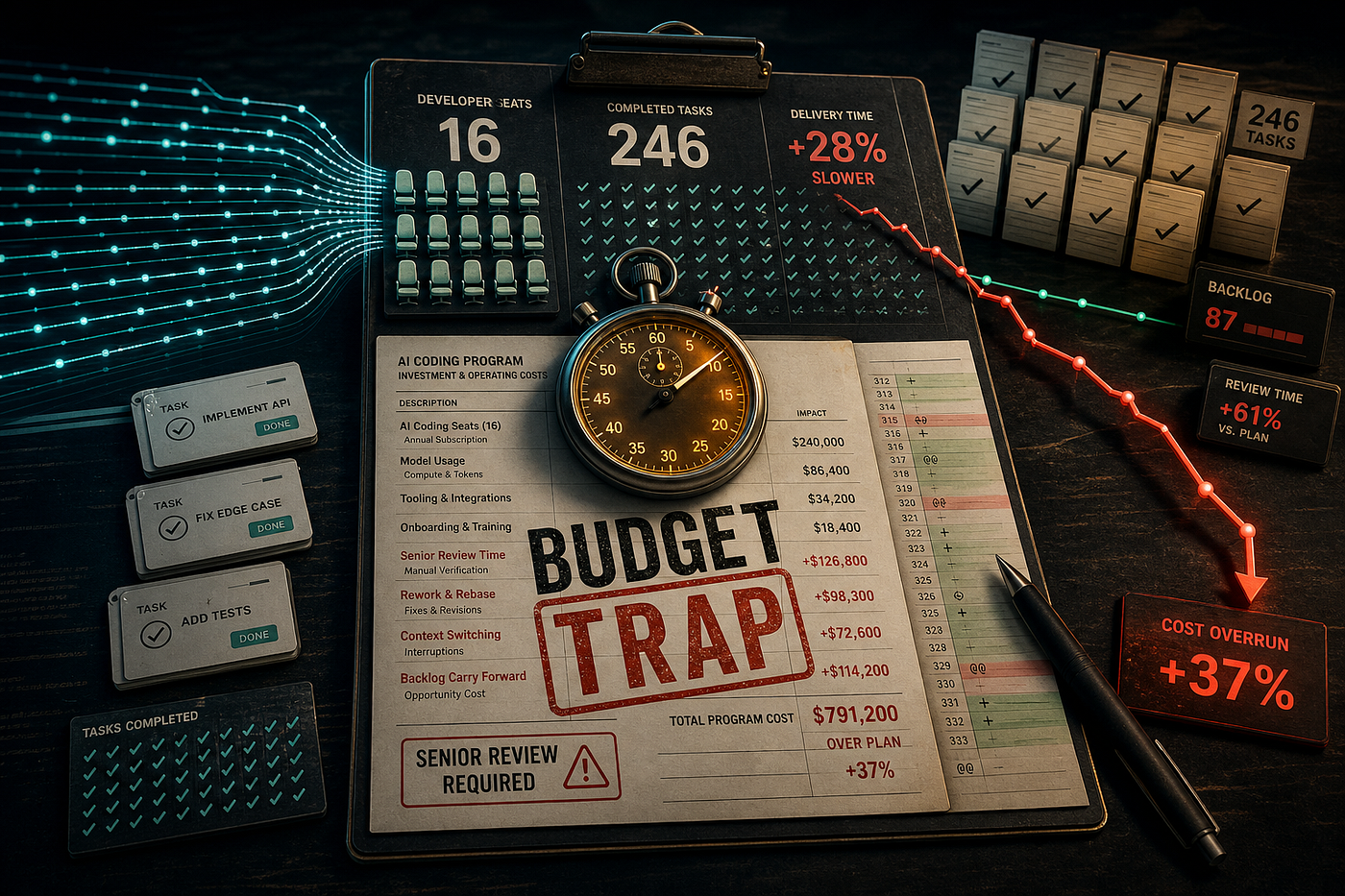 Figure 1. Sixteen Developers, 246 Tasks, and the AI Coding Budget Trap. Image created by the author with diffusion-synthesis and Python post-processing.