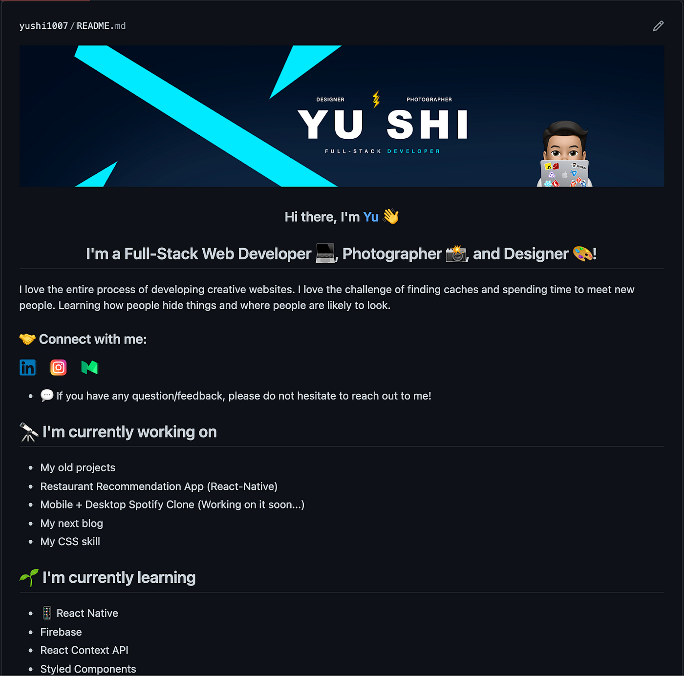 How to Create a Beautiful README for Your GitHub Profile | by YU SHI |  Medium