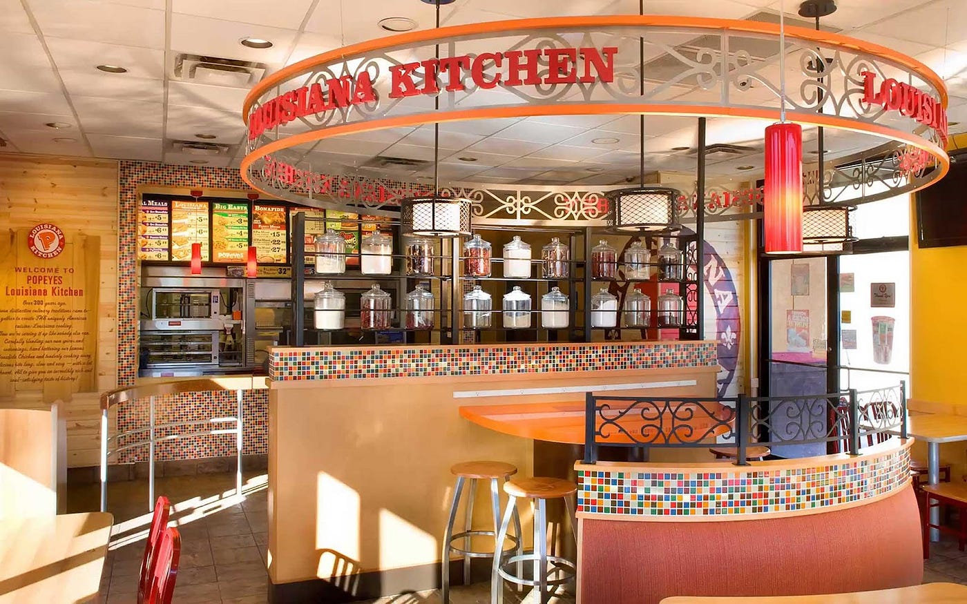 An interior of the fast food chain Popeyes, which for years has commissioned Moss to set up the interiors of its restaurants.
