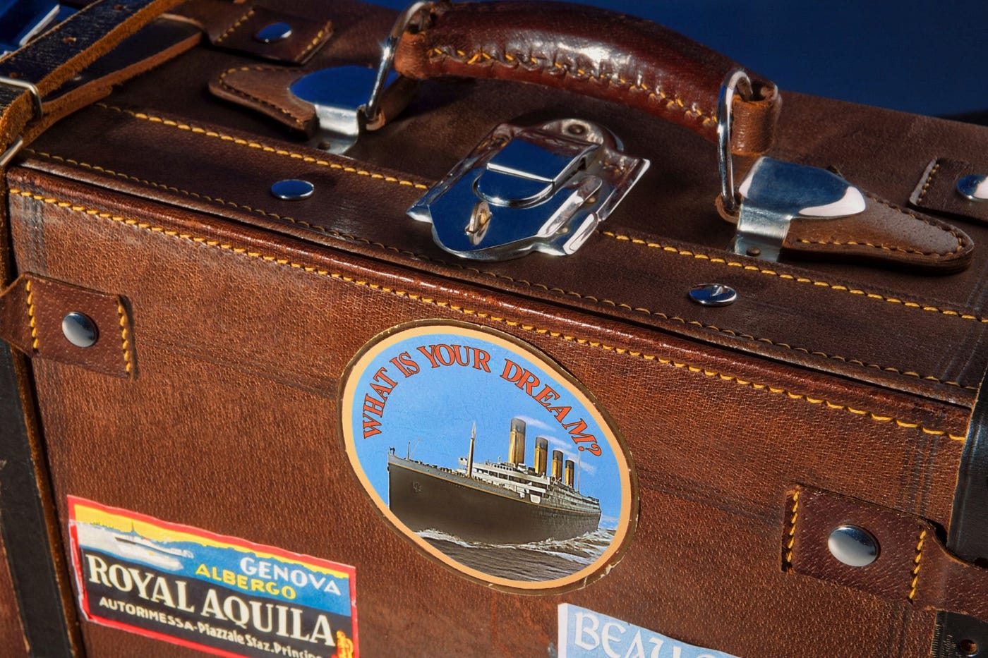 Vintage Leather Suitcase Medium Brown with Travel Stickers model