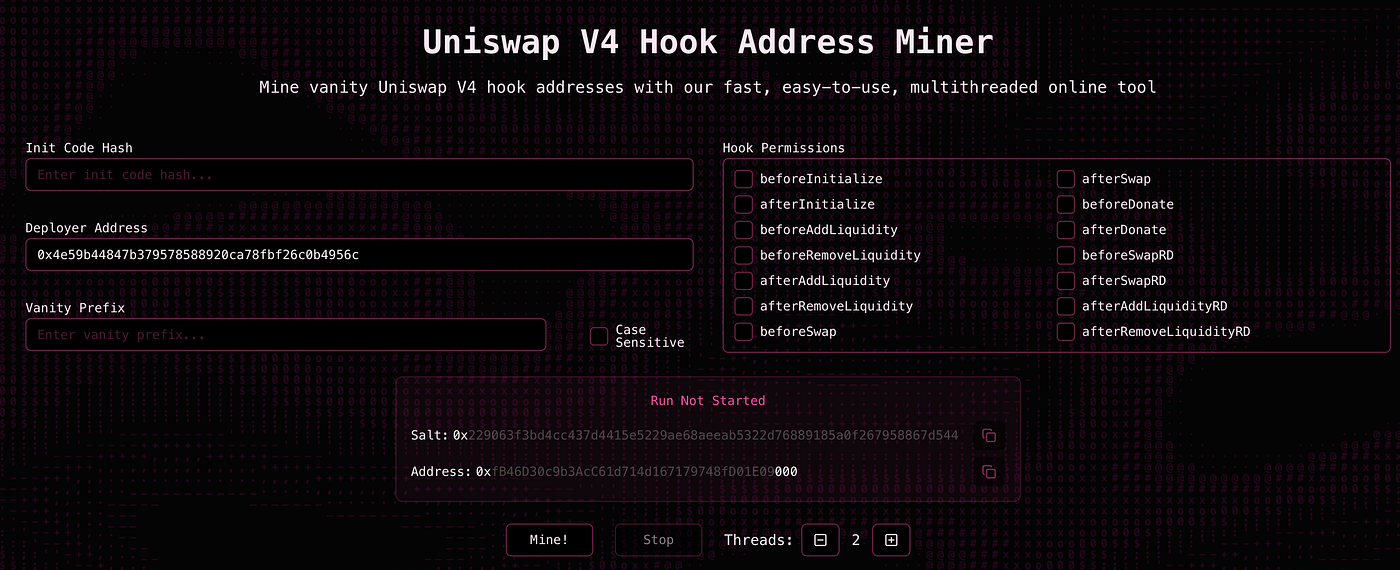 (V4 Hook Address Mining Tool | Source: v4hookaddressminer.xyz)