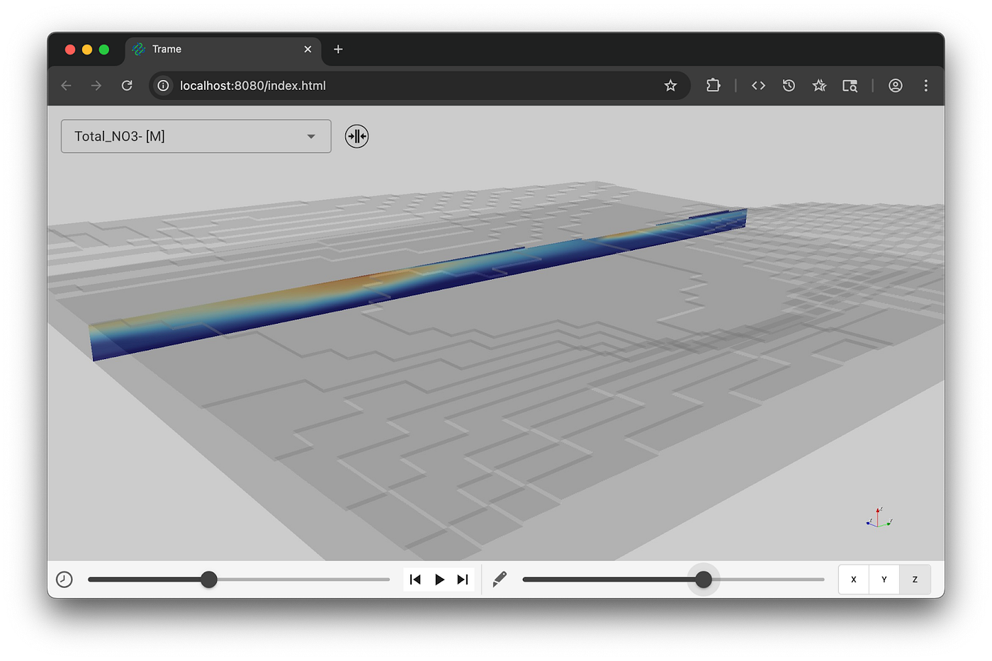 Pan3D-based viewer for subsurface simulation data, using a PFlotran file with Zarr/Xarray to read and VTK to process and render it