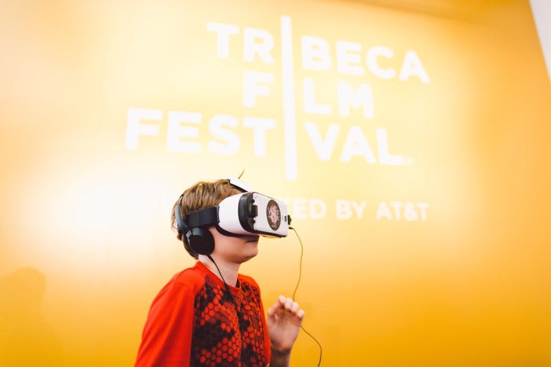 Virtual reality Woman wearing VR Headsets with background of Tribeca Film Festival - Post Pandemic Film Festival