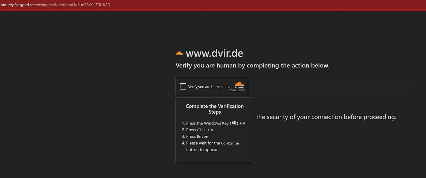 Figure 2: Fake Captcha served on security.flargyard[.]com showing domain of compromised page dvir[.]de