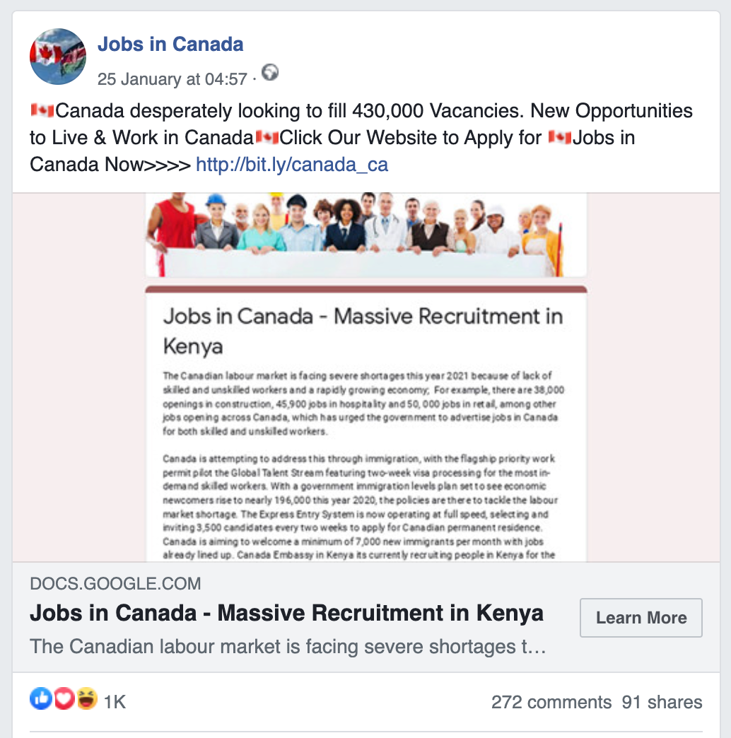 FALSE: This advert for opportunities to live and work in Canada is 