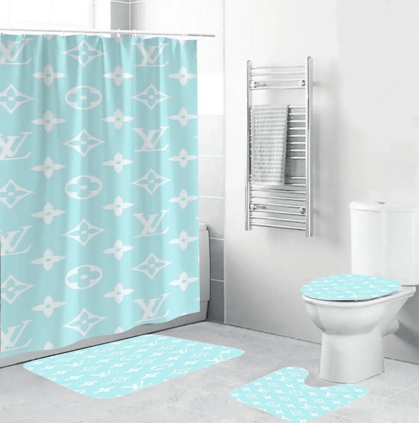 Louis Vuitton LV White Bathroom Set Luxury Shower Curtain Bath Rug