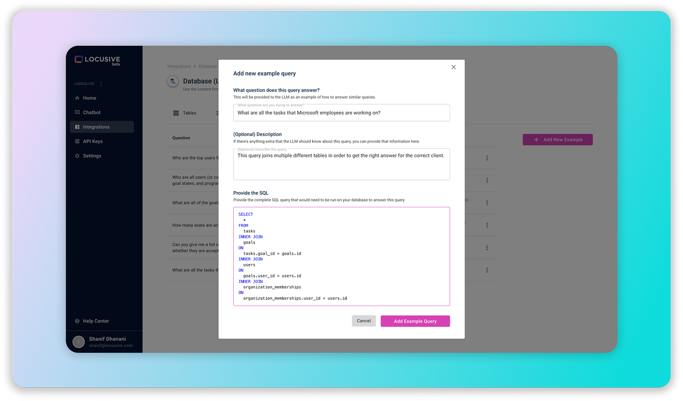 A screenshot of how Locusive lets you input example queries