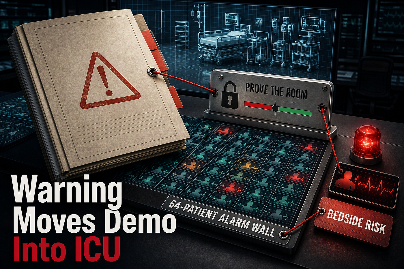 ECRI’s 2026 AI Warning Moves the Demo Into the ICU: Dräger’s 64-patient alarm view and FDA’s 2026 CDS guidance show why buyers must test judgment under pressure, not visual polish. Image created by the author with diffusion-synthesis and Python post-processing.