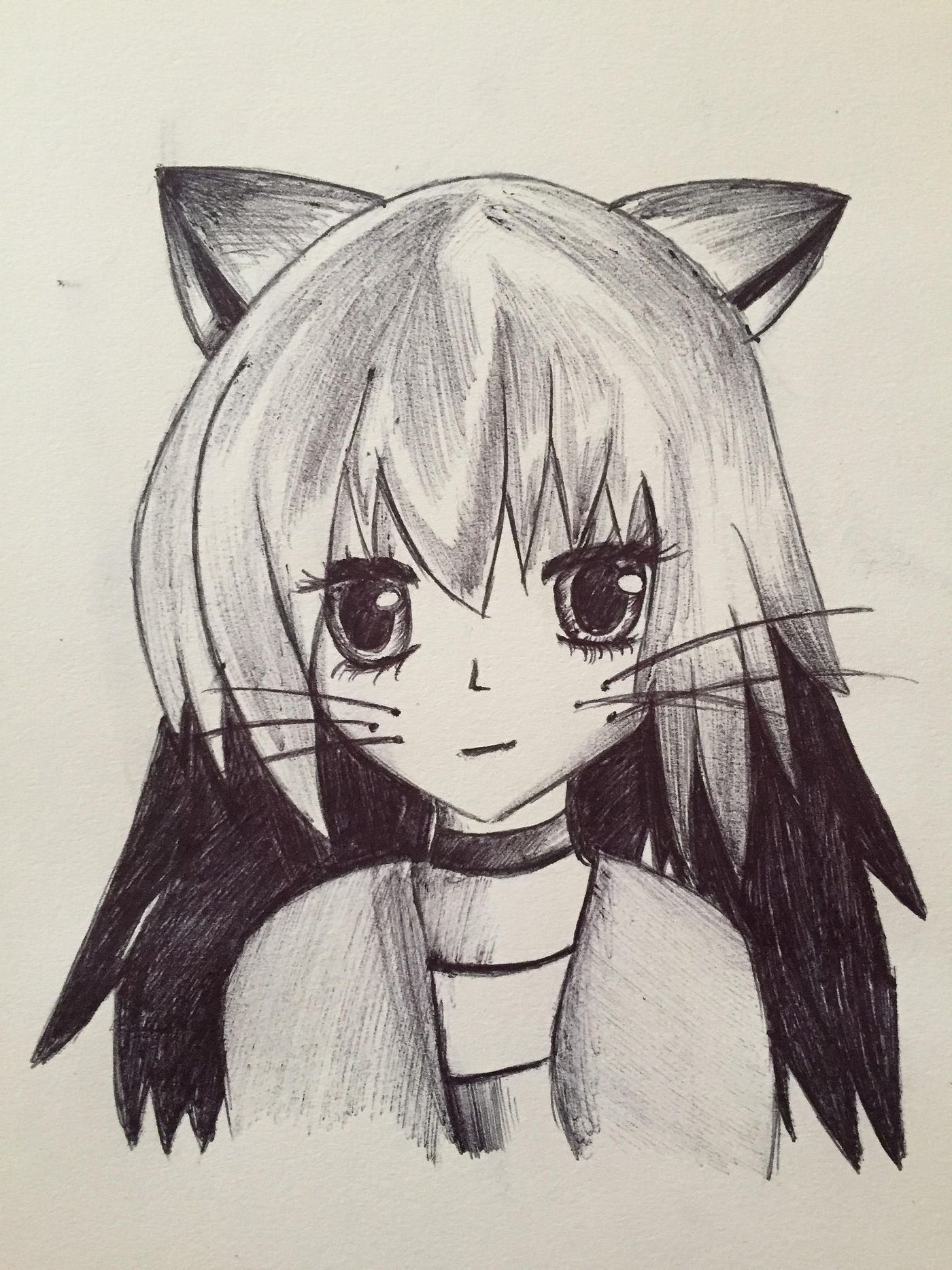 cat girl, anime girls, drawing, pencil drawing, tail, animal ears, weapon