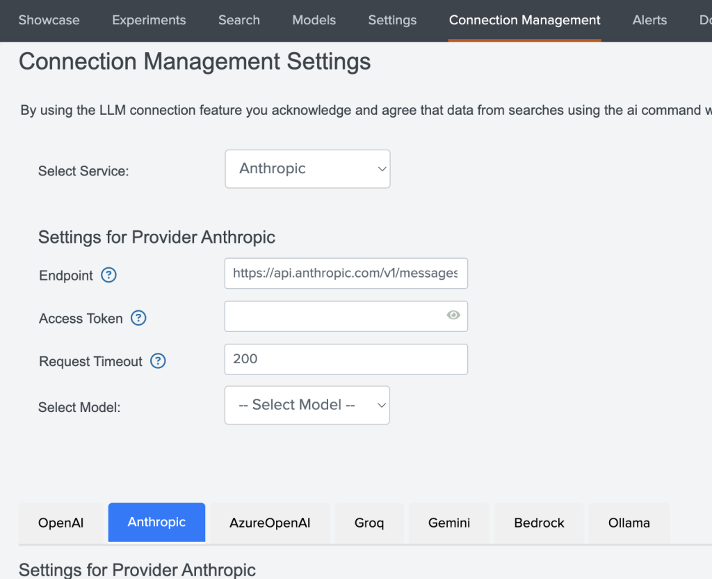 A screenshot of Splunk Connection Manager Settings
