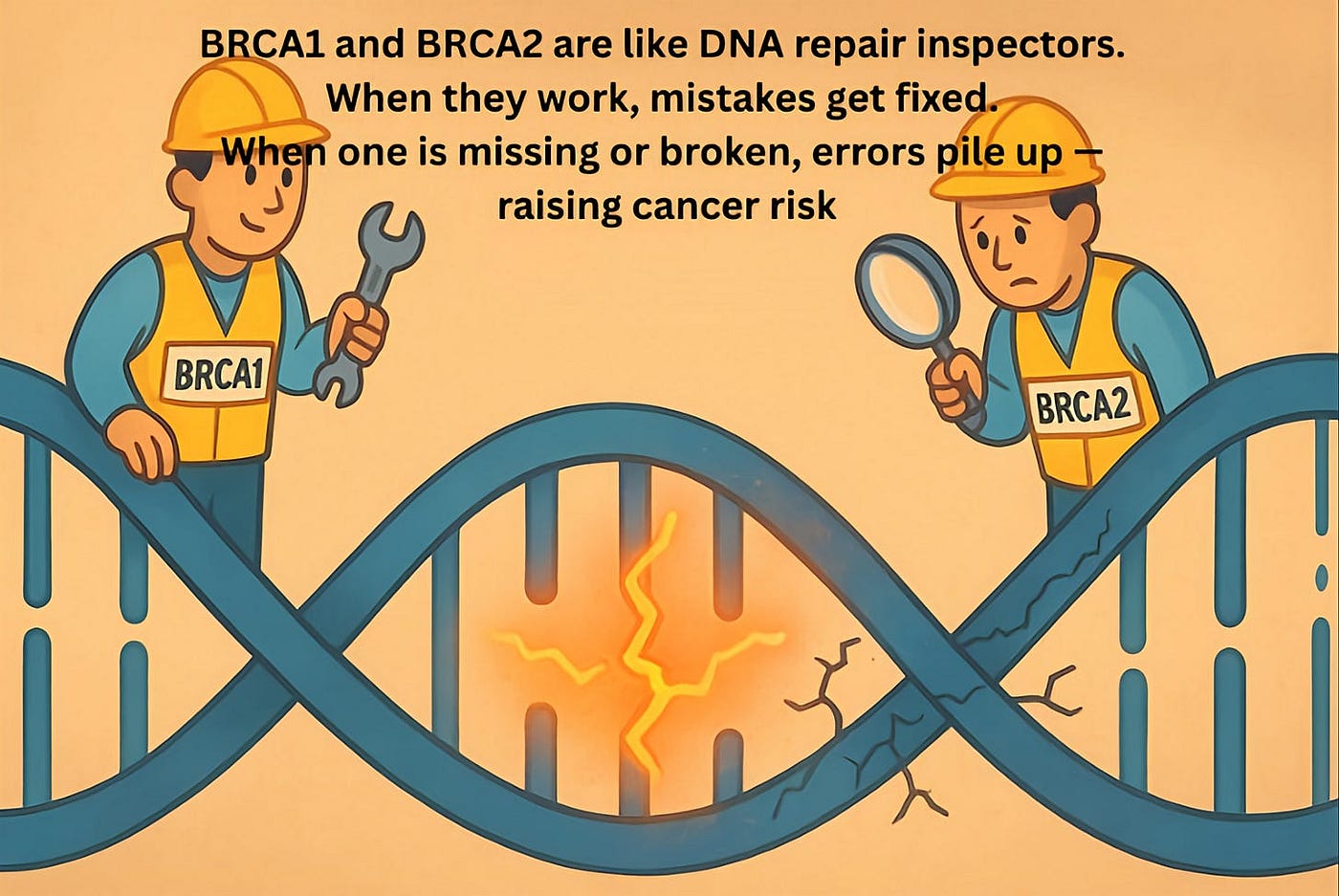 BRCA1 and BRCA2 are like DNA repair inspectors. When they work, mistakes get fixed. When one is missing or broken, errors pile up, raising cancer risk.