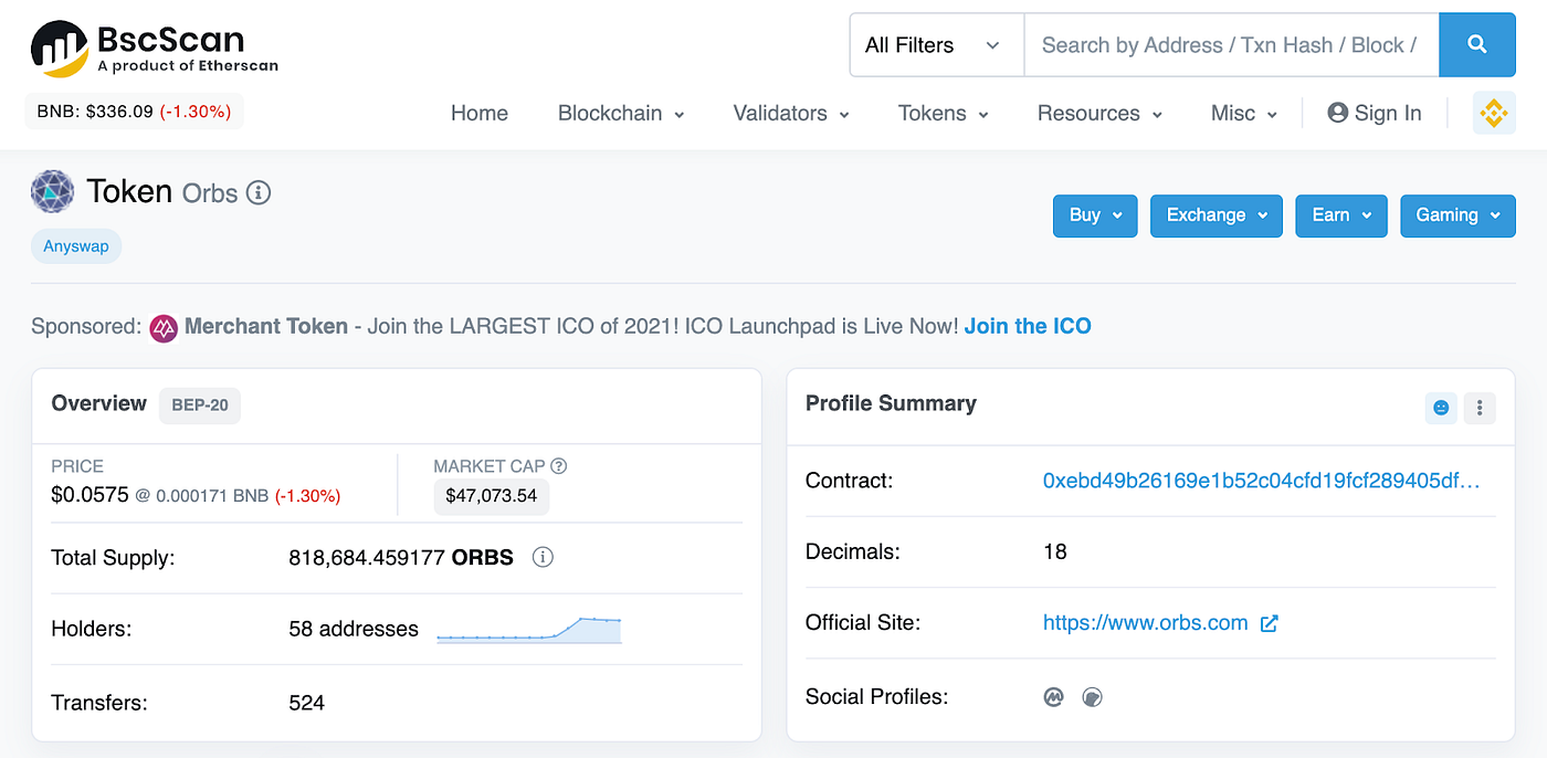 BscScan 등록 완료 안내. ORBS 토큰이, 바이낸스 스마트체인의 탐색기인 BscScan에… | by 오브스 코리아(Orbs  Korea) | Medium