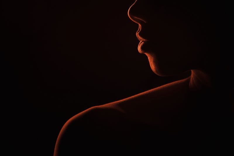 Sad Woman Profile Silhouette On Black Background Closed Eyes