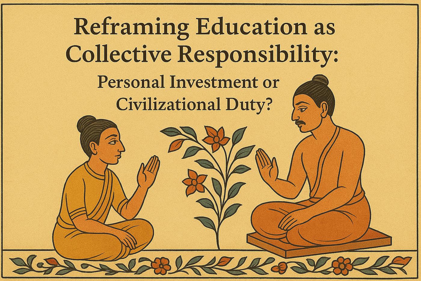 Image/Visual Description [Alt Text]: This landscape-style traditional Bharatiya illustration features a Guru and Shishya seated across from each other in a calm, respectful dialogue. The Guru, depicted with a composed demeanour and simple saffron robes, sits on a wooden platform, while the Shishya, dressed in a plain garment, sits cross-legged on the floor with hands respectfully poised in a gesture of inquiry. Both figures face one another, symbolising the transmission of wisdom and the deep relational essence of the Guru-Shishya Parampara. Between them, a flowering plant rises gracefully, representing growth, knowledge, and the organic flourishing of wisdom through tradition. The border of the artwork is adorned with floral motifs, typical of Indian artistic styles, emphasising harmony and continuity. Above the illustration, the title reads: “Reframing Education as Collective Responsibility: Personal Investment or Civilizational Duty?” tying the visual theme of the Guru-Shishya dialogue with the intellectual exploration of education as more than a personal pursuit, but as a civilizational and collective responsibility. Artwork generated using ChatGPT and for representational purposes only.