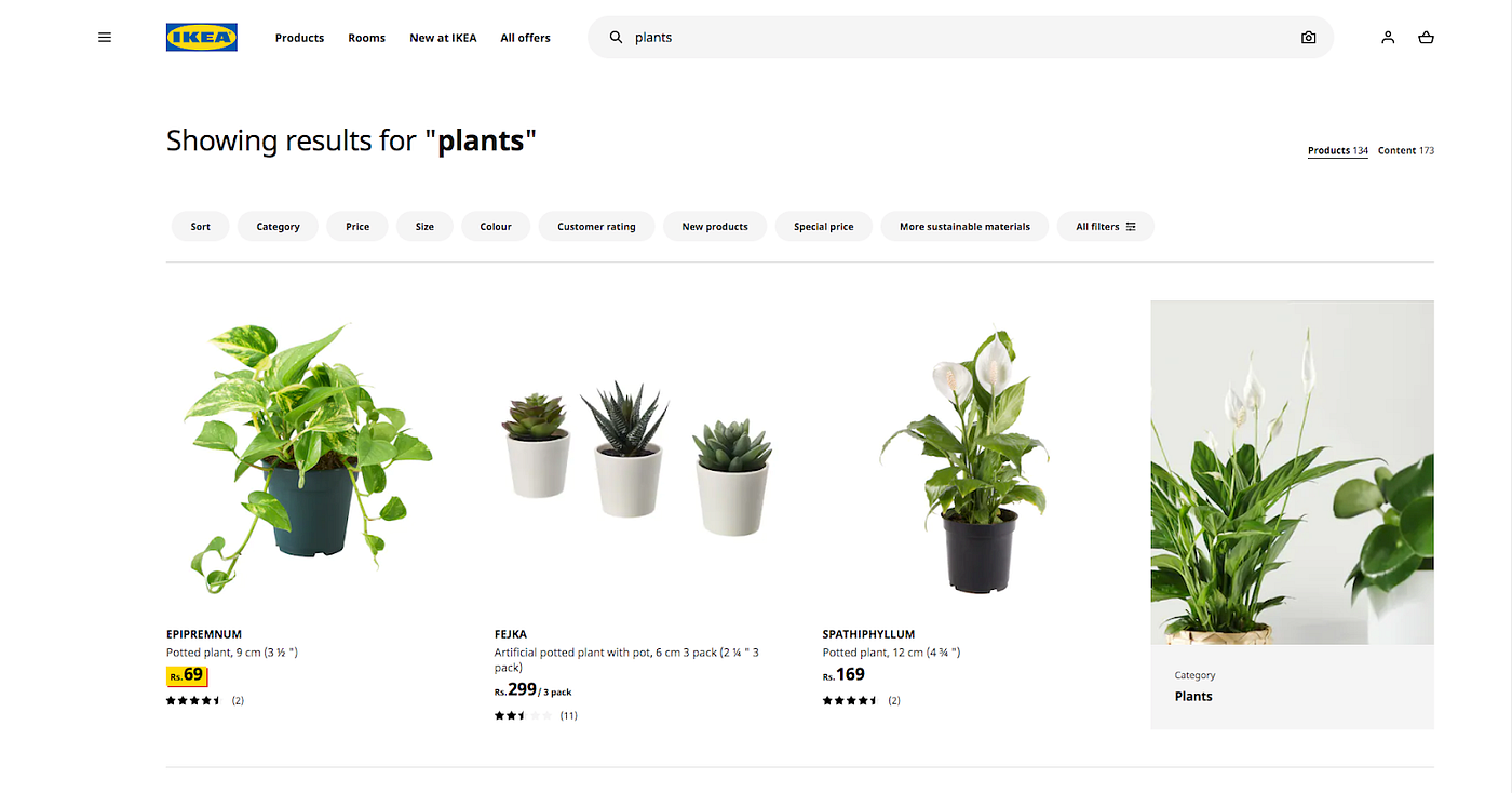 Ikea website page with lots of filters