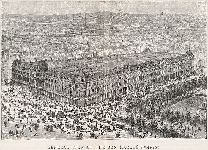 19th century illustration showing, Le Bon Marche department store, in  Paris. Founded in 1838 and revamped almost completely by Aristide Boucicaut  in 1852, it was the first ever modern department store. Now