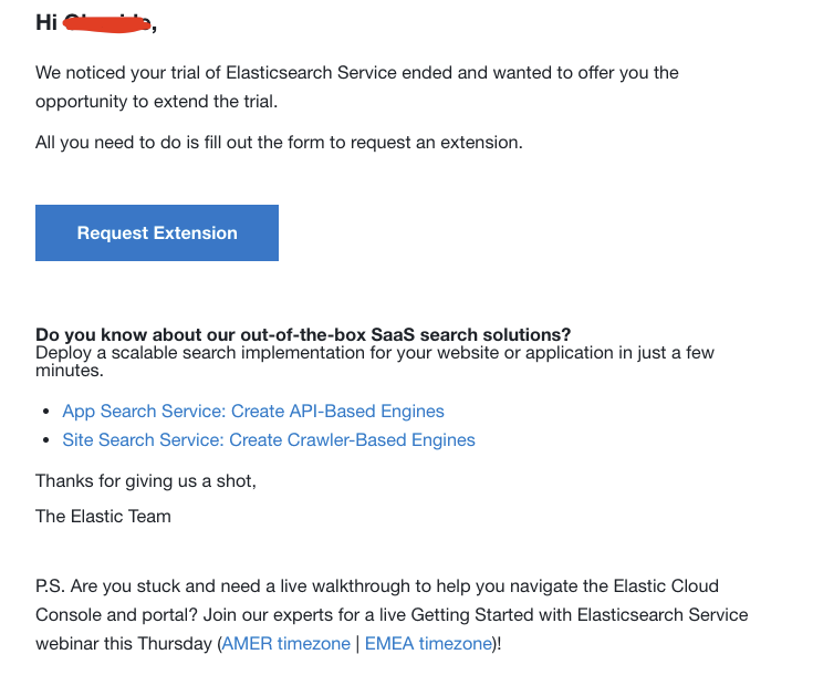 How to request extension of trial subscription for Elastic Cloud
